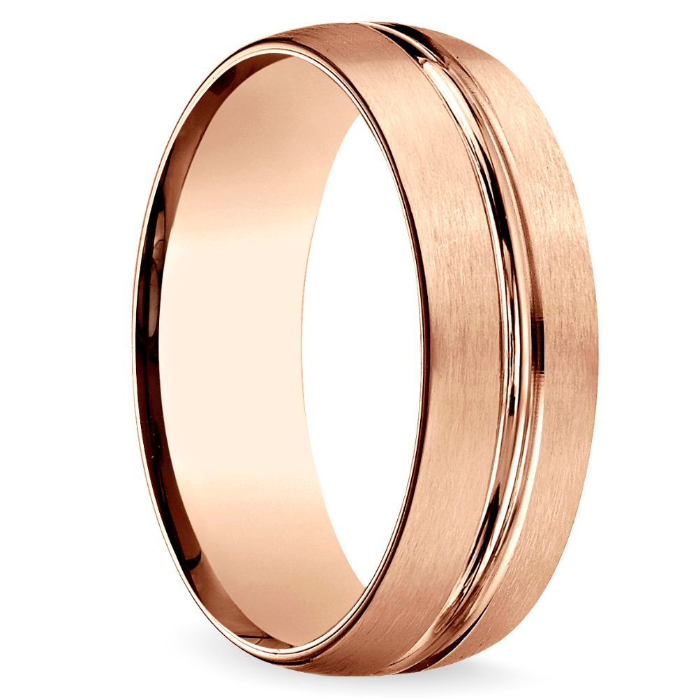 Mens Wedding Ring With Center Groove In Satin Finish Rose Gold | 02