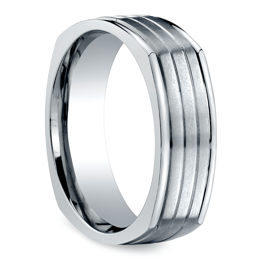 Mens Grooved Wedding Ring In 14k White Gold With A Satin Finish | Thumbnail 02