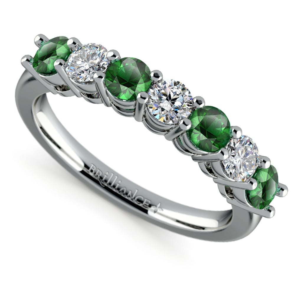 Seven Stone Diamond And Emerald Ring In White Gold | 01