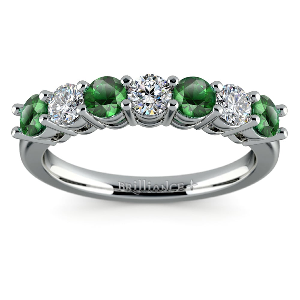 Seven Stone Diamond And Emerald Ring In White Gold | 02