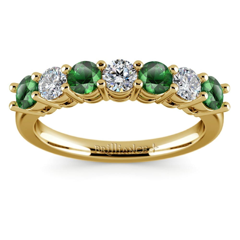 Seven Stone Diamond And Emerald Ring In Yellow Gold | 02