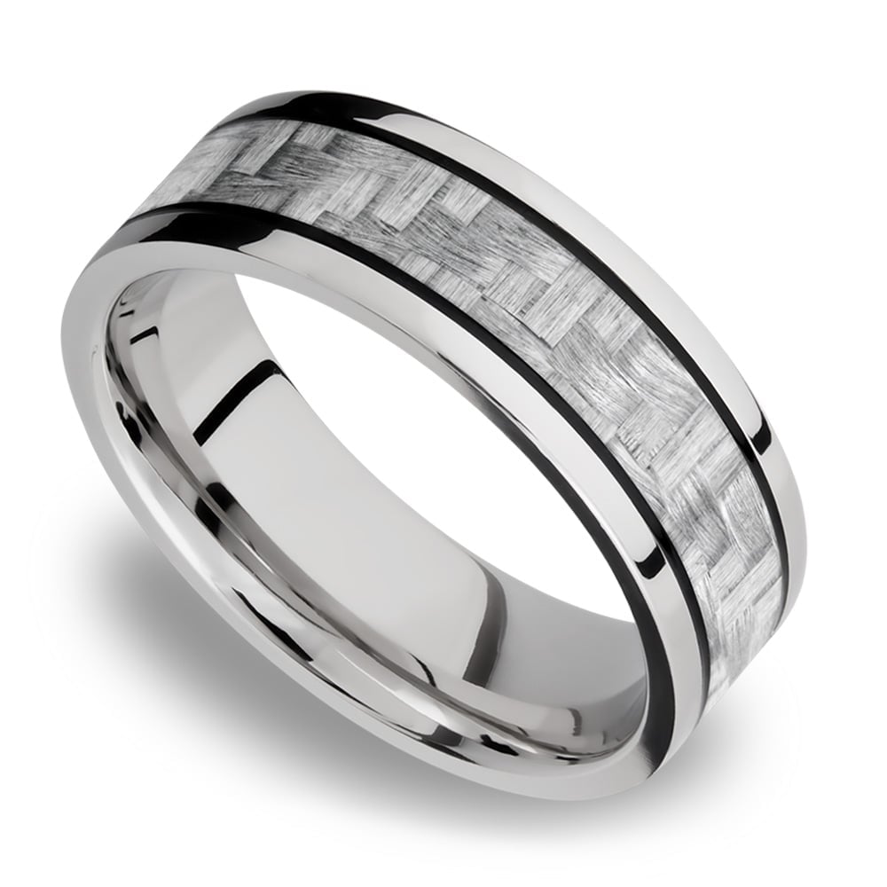 Mens White Gold And Carbon Fiber Wedding Ring | 01