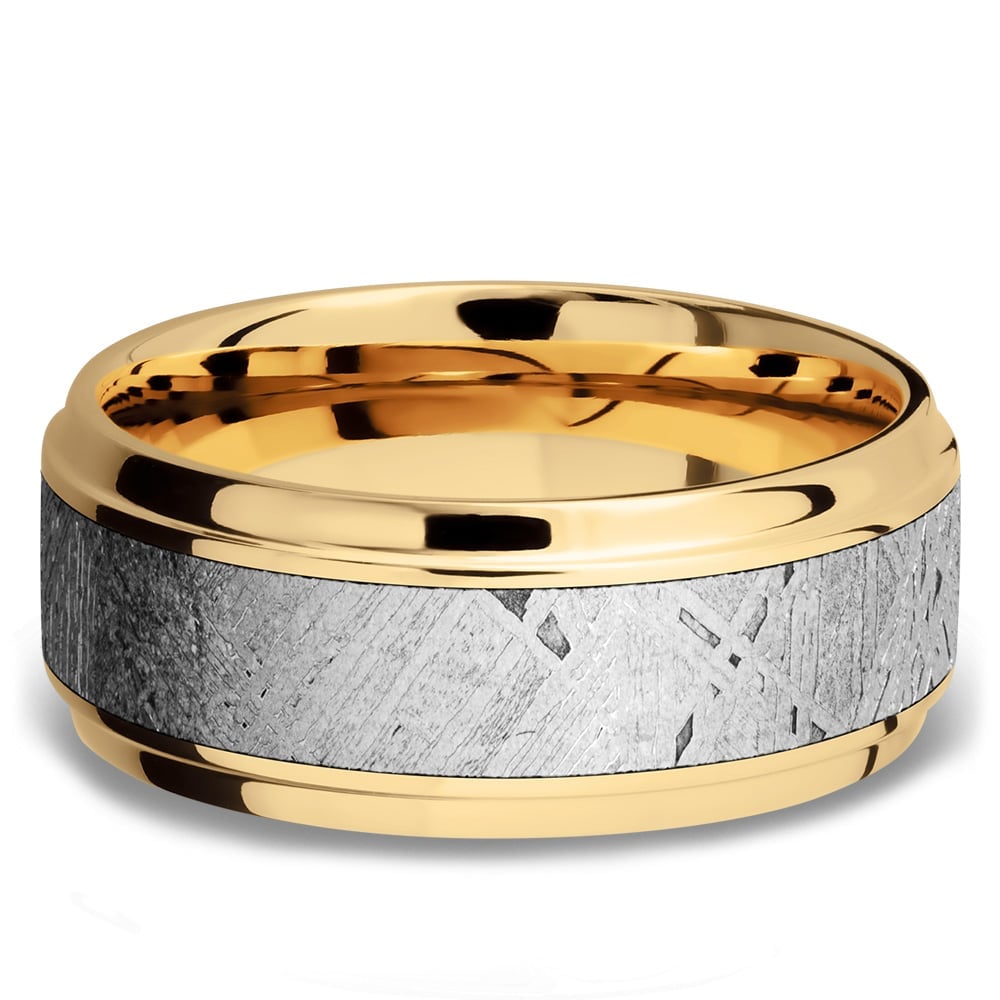 The Armstrong - 14K Yellow Gold Mens Band with Stepped Bevel Meteorite Inlay (9mm) | 03