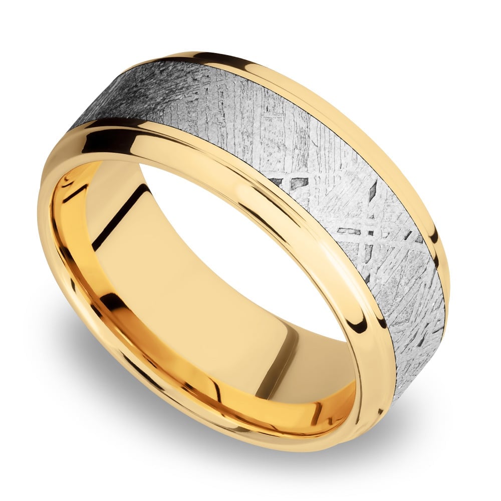 The Armstrong - 14K Yellow Gold Mens Band with Stepped Bevel Meteorite Inlay (9mm) | 01