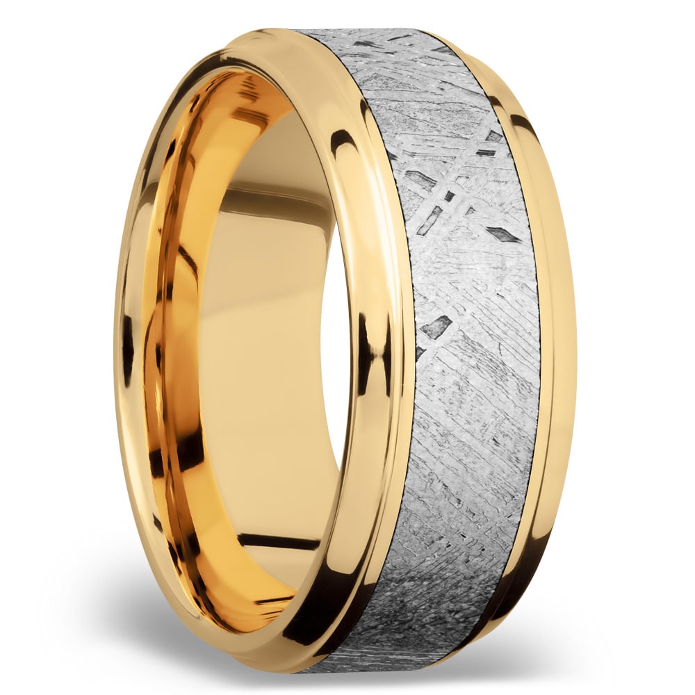The Armstrong - 14K Yellow Gold Mens Band with Stepped Bevel Meteorite Inlay (9mm) | 02