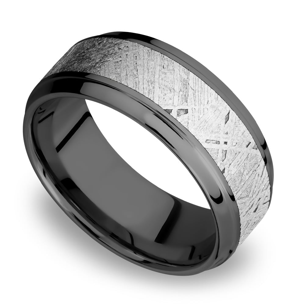 Galactic Fringes - Zirconium Stepped Bevel Mens Band with Meteorite Inlay (9mm) | 01