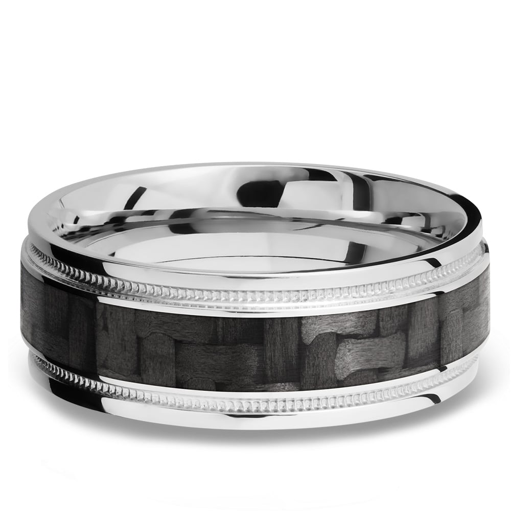 Carbon Fiber Inlay And 14K White Gold Mens Ring With Milgrain Detail | 03