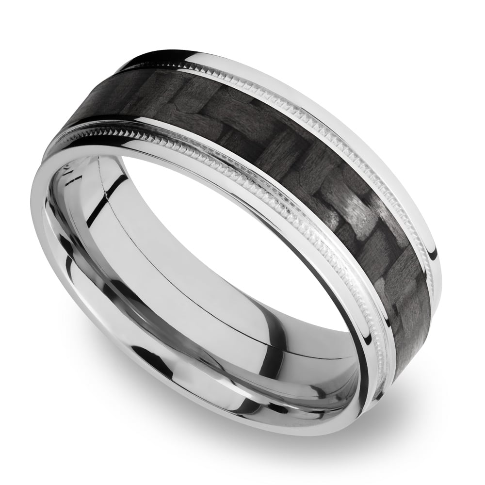 Carbon Fiber Inlay And 14K White Gold Mens Ring With Milgrain Detail | 01