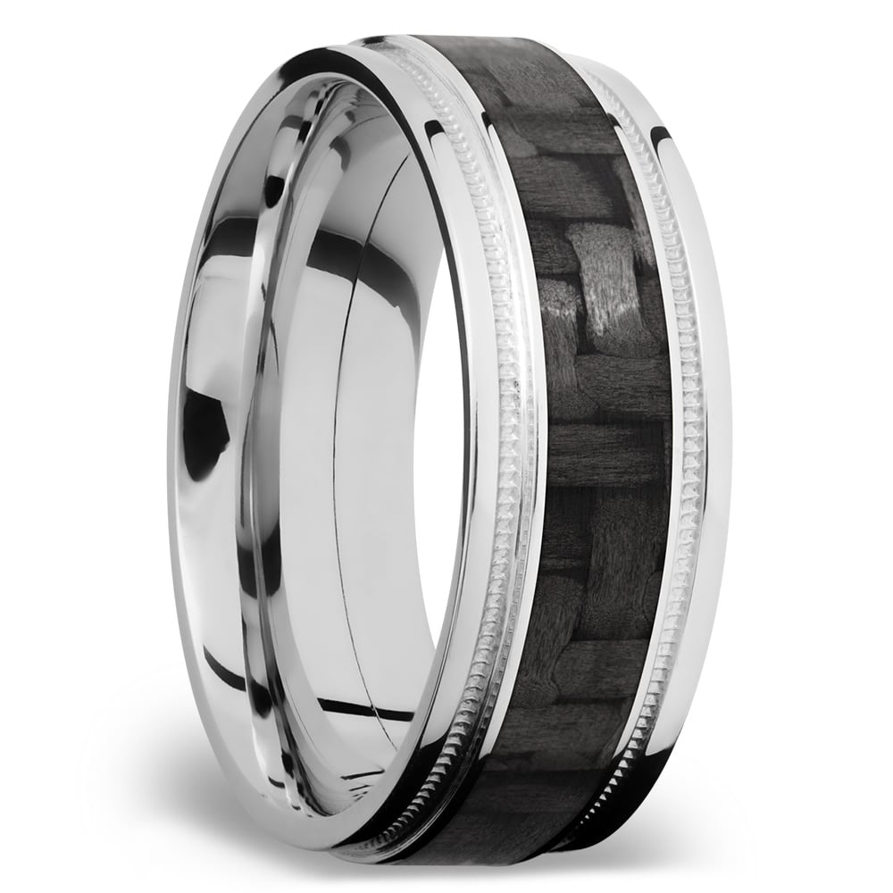 Carbon Fiber Inlay And 14K White Gold Mens Ring With Milgrain Detail | 02