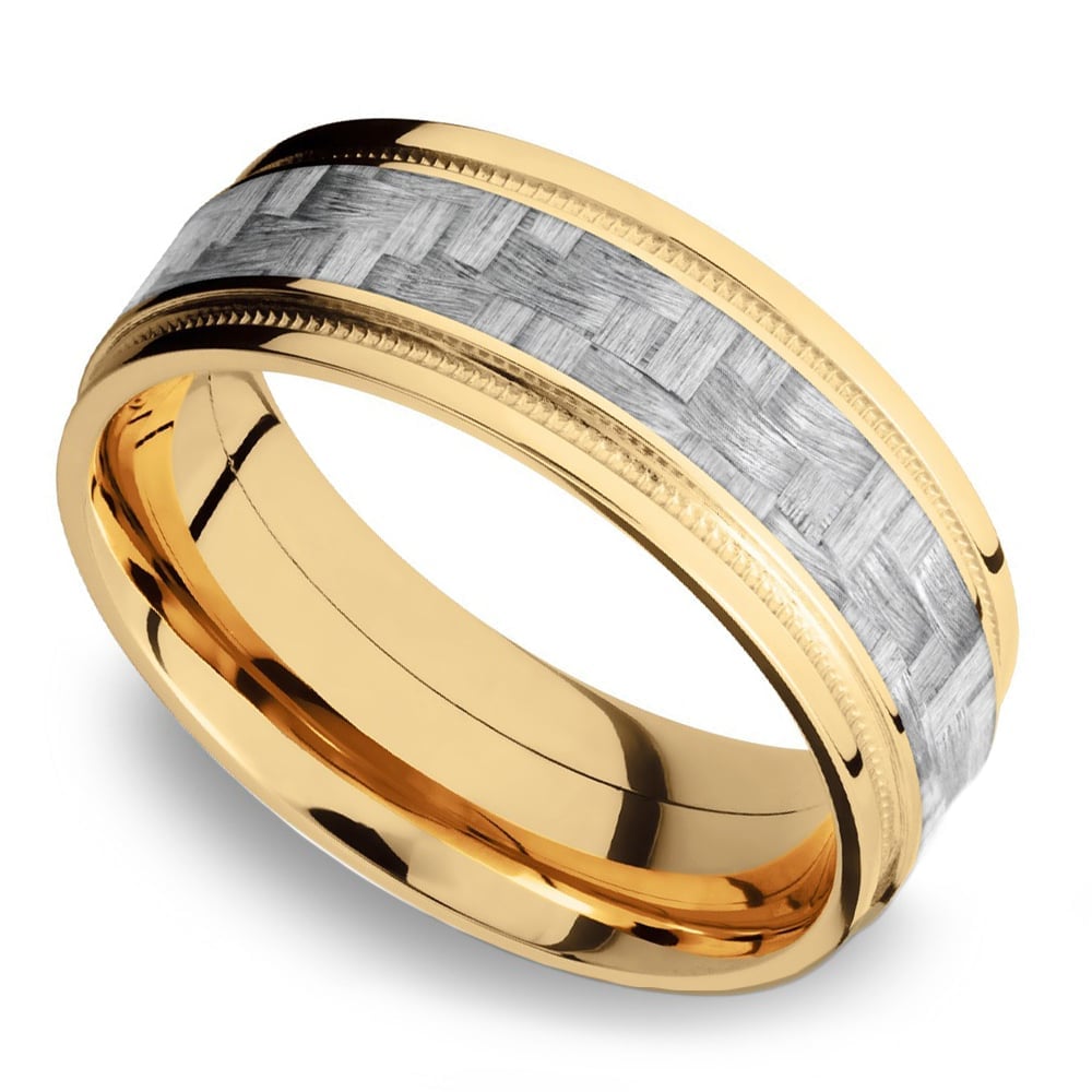8mm Silver Carbon Fiber Inlay Mens Ring In Yellow Gold | 01