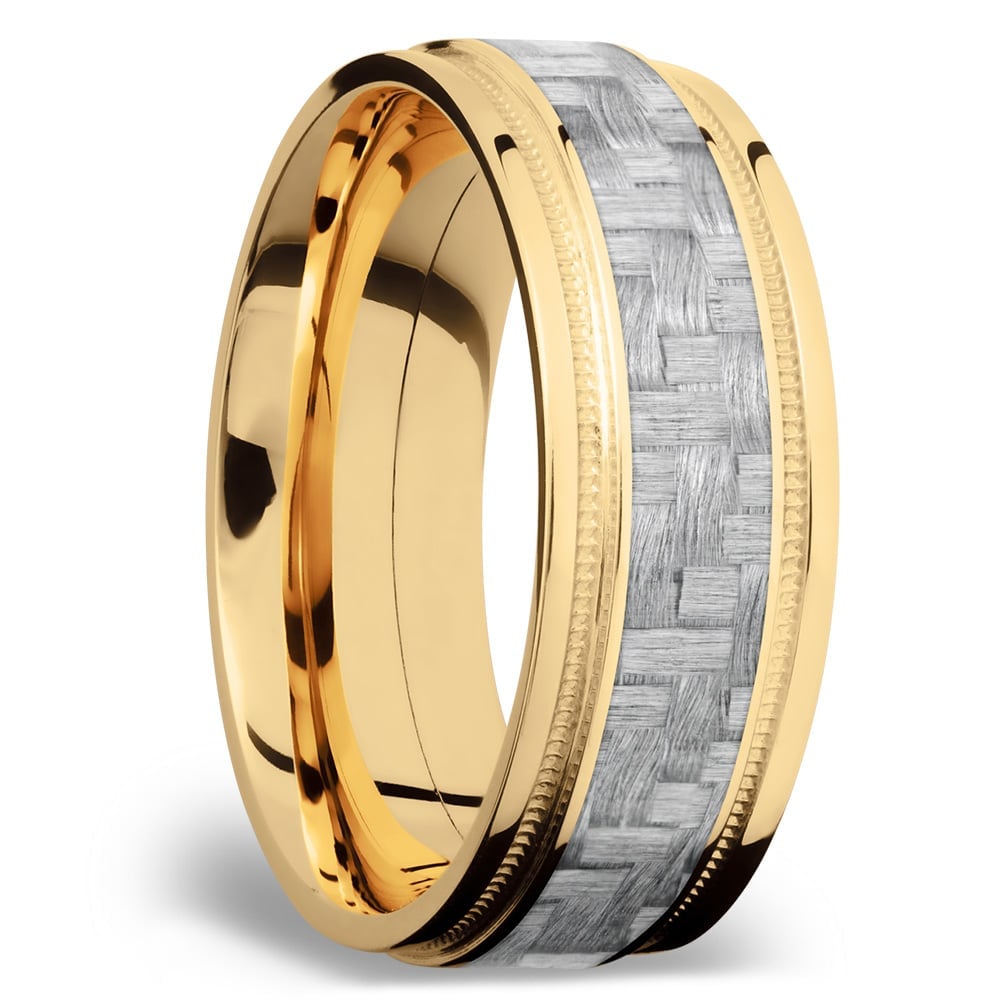 8mm Silver Carbon Fiber Inlay Mens Ring In Yellow Gold | 02