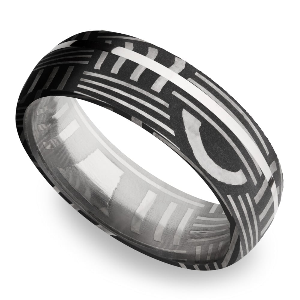 Sterling Silver Inlay Basketweave Men's Wedding Ring in Damascus Steel (7mm) | 01