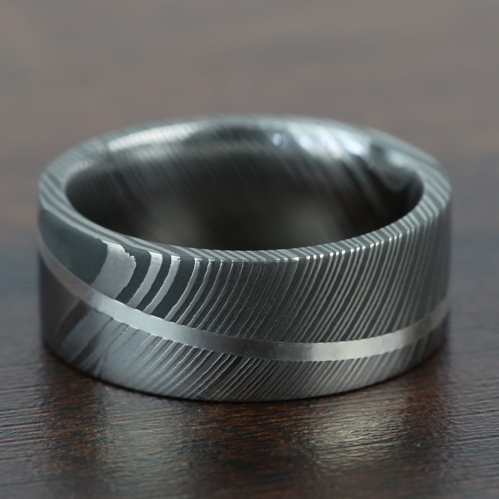 Mens Sterling Silver Inlay And Damascus Steel Wedding Band | 03