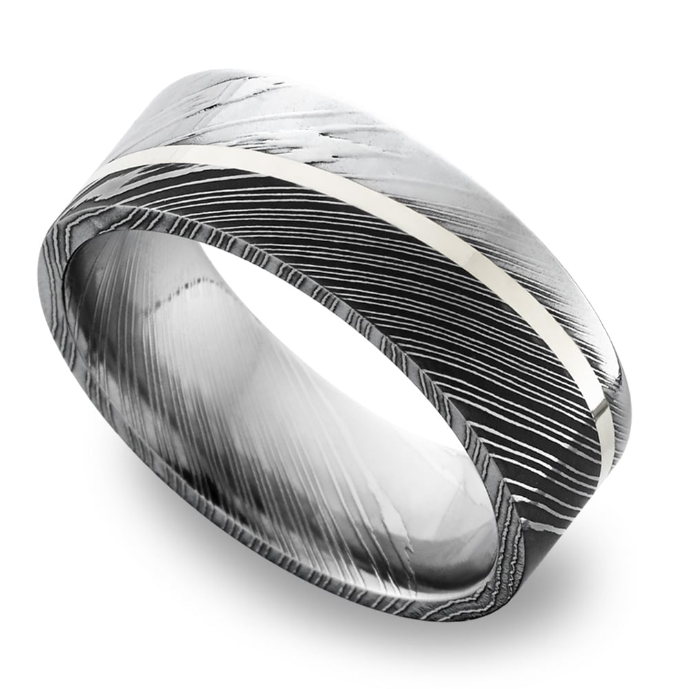 Mens Sterling Silver Inlay And Damascus Steel Wedding Band | 01