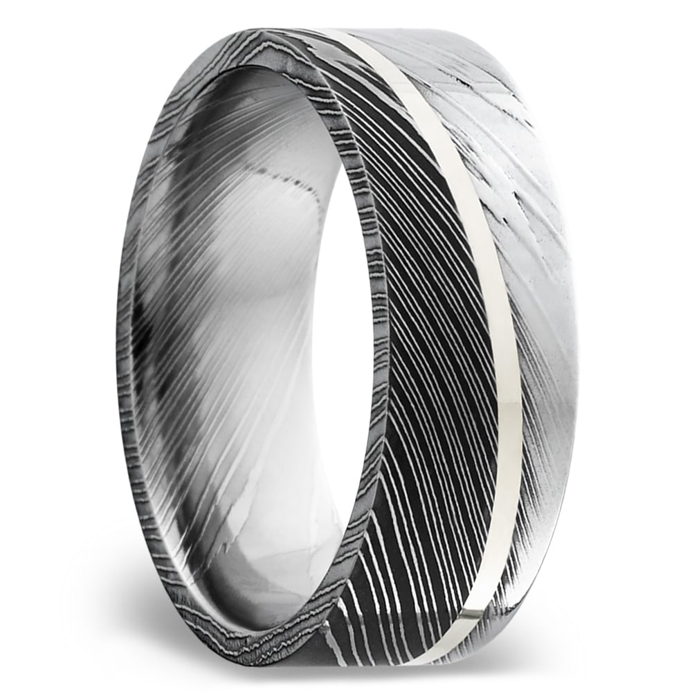 Mens Sterling Silver Inlay And Damascus Steel Wedding Band | 02