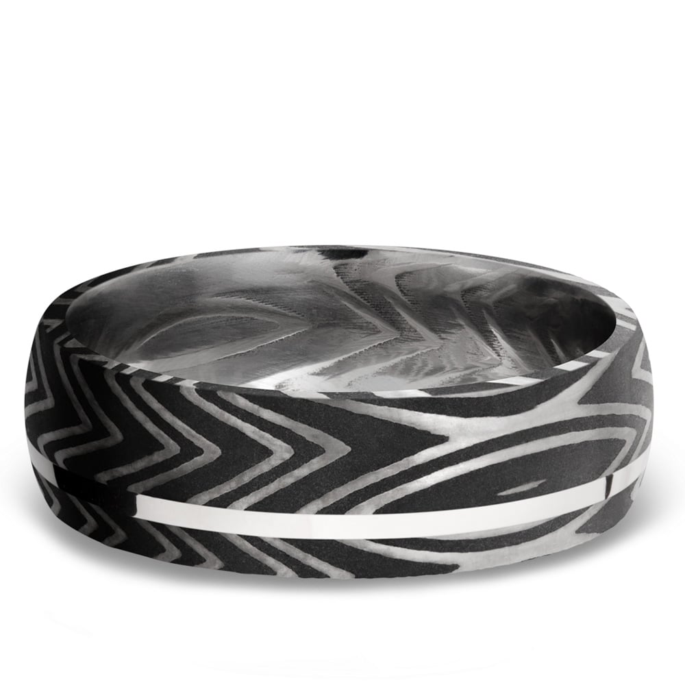 Zebra Stripe Damascus Steel And Sterling Silver Mens Ring | 03
