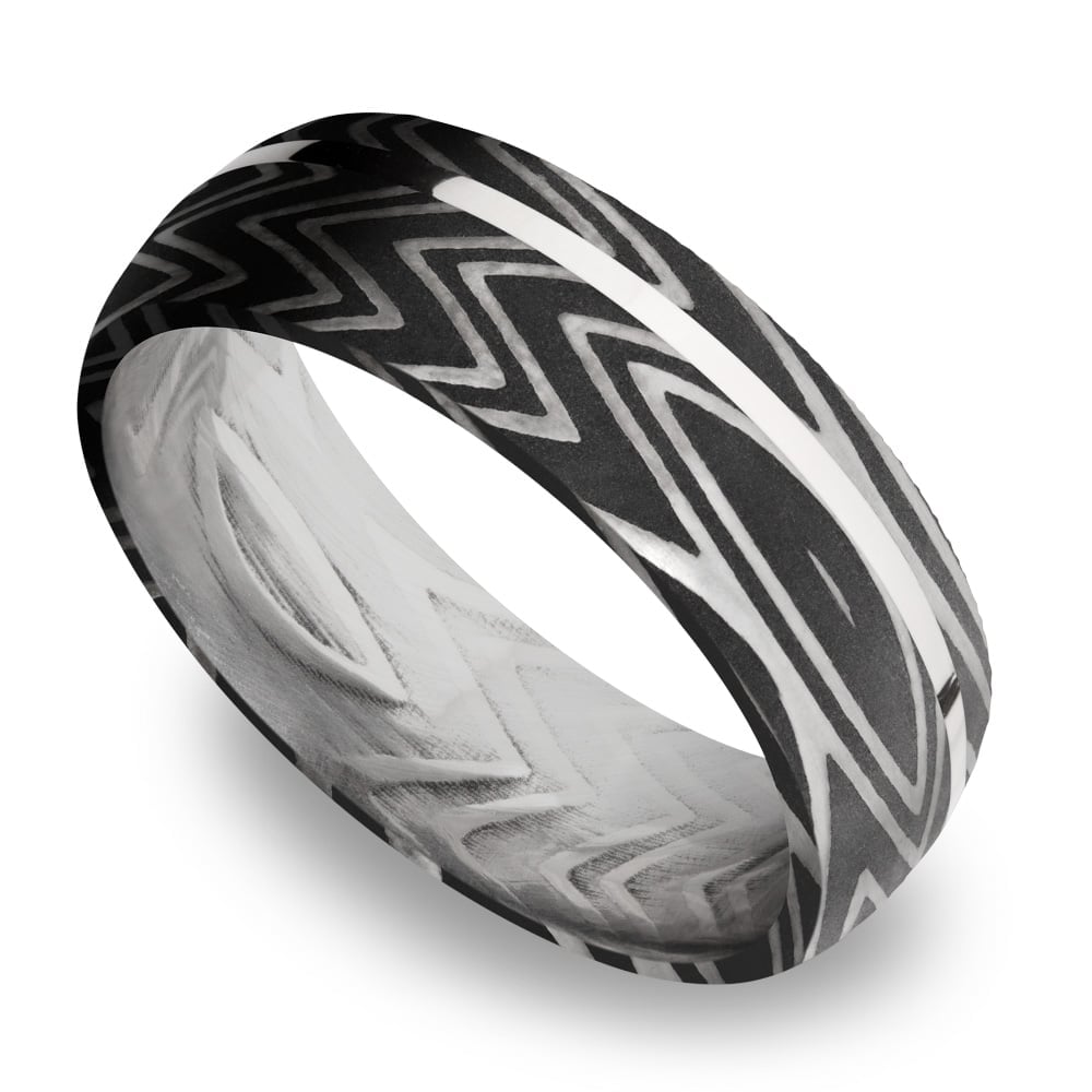 Zebra Stripe Damascus Steel And Sterling Silver Mens Ring | 01