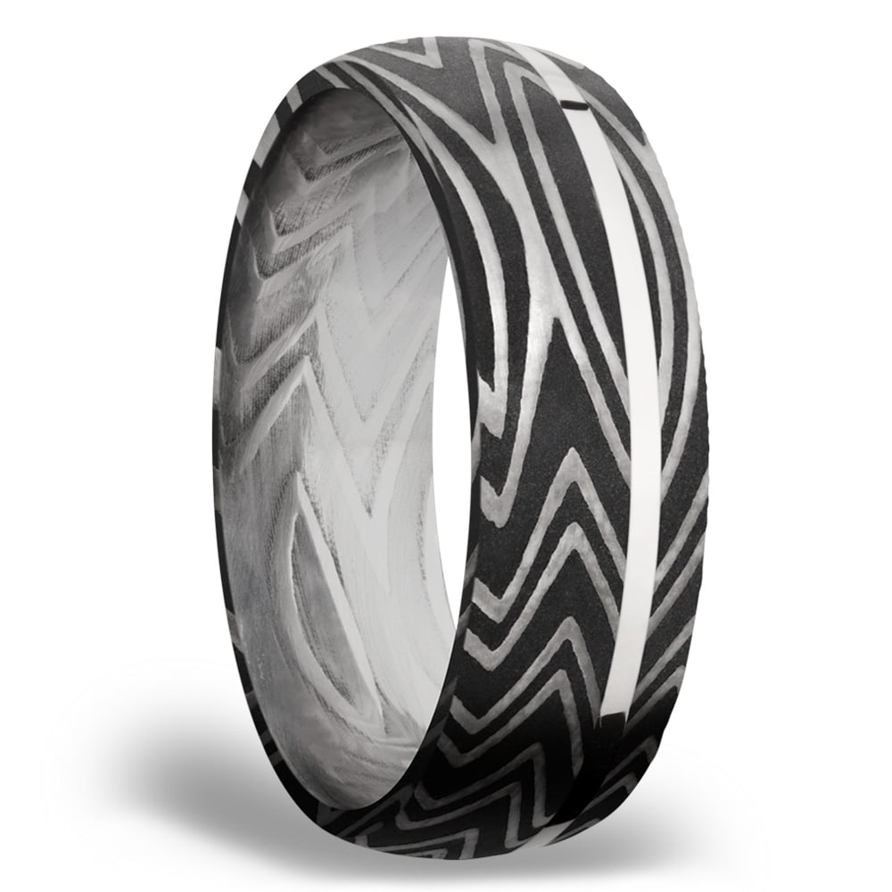 Zebra Stripe Damascus Steel And Sterling Silver Mens Ring | 02