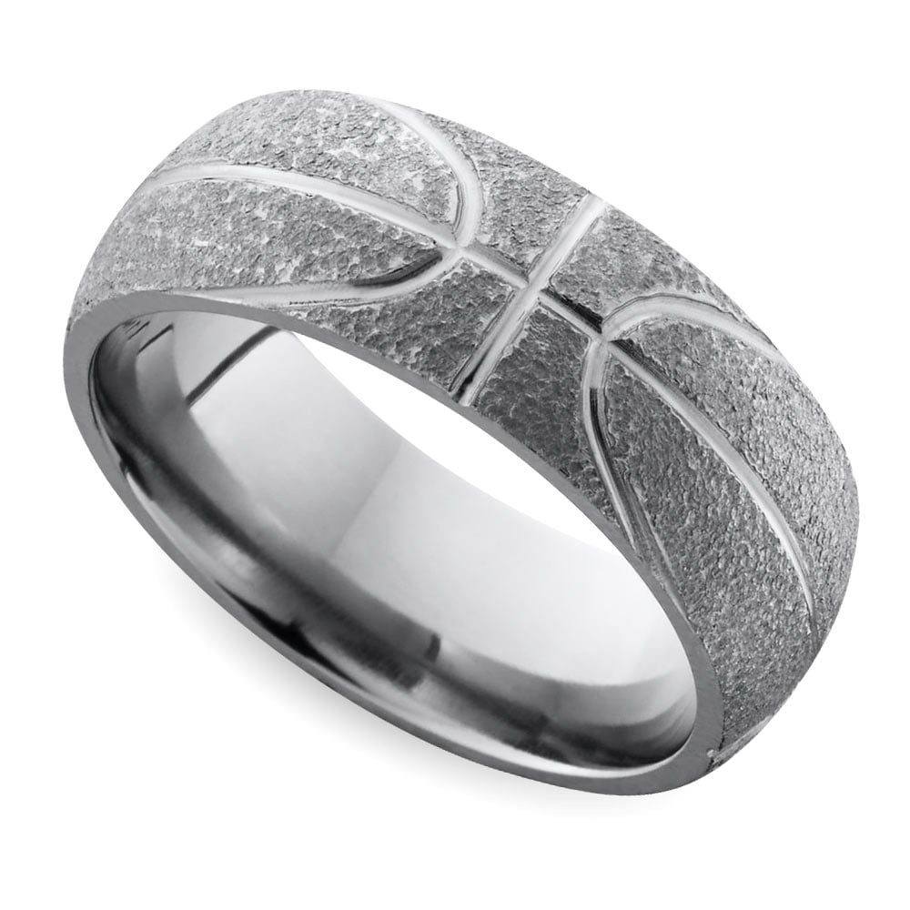 Mens Basketball Wedding Band In Titanium With Stipple Finish (7mm) | 01