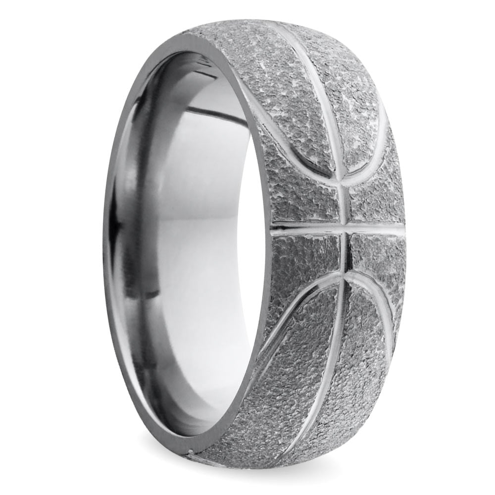 Mens Basketball Wedding Band In Titanium With Stipple Finish (7mm) | Thumbnail 02