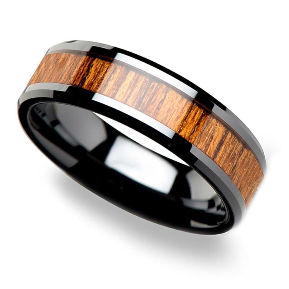 Male Teak Wood Inlay Wedding Ring In Black Ceramic (6mm) | 01