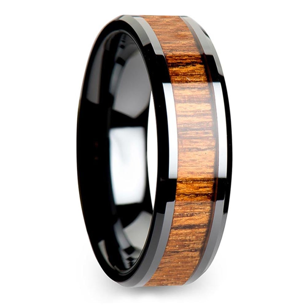 Male Teak Wood Inlay Wedding Ring In Black Ceramic (6mm) | 02