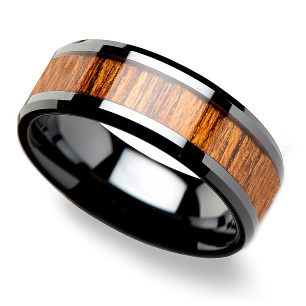 Mens Teak Wood Wedding Ring In Black Ceramic - The Petrichor | 01