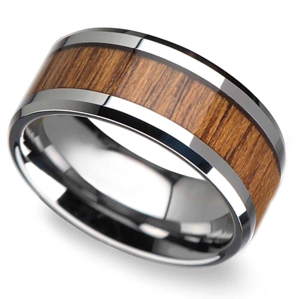 Wide Mens Tungsten Ring With Teak Wood Inlay - The Shoreline (10mm) | 01
