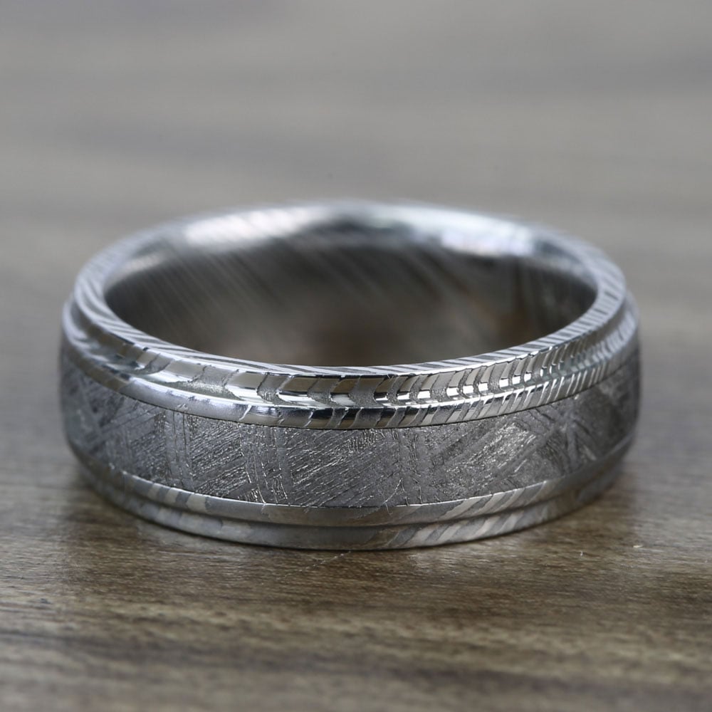 Torque - Damascus Steel Mens Ring with Meteorite Inlay (7mm) | 04
