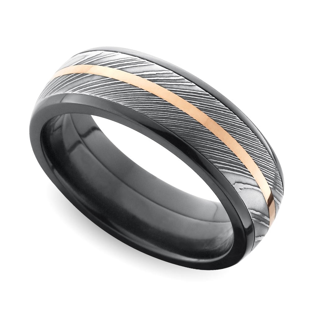 Damascus Steel And Rose Gold Wedding Band In Zirconium | 01