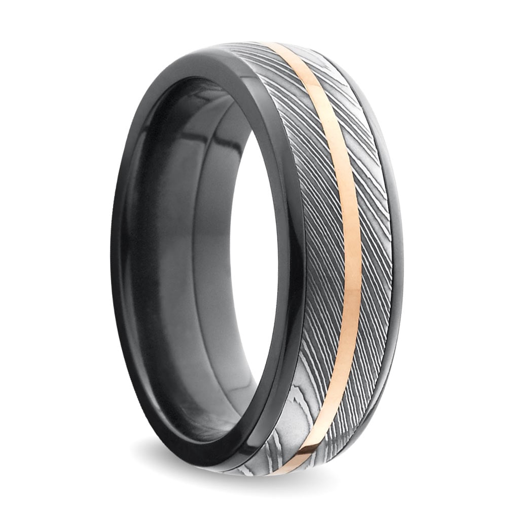 Damascus Steel And Rose Gold Wedding Band In Zirconium | 02
