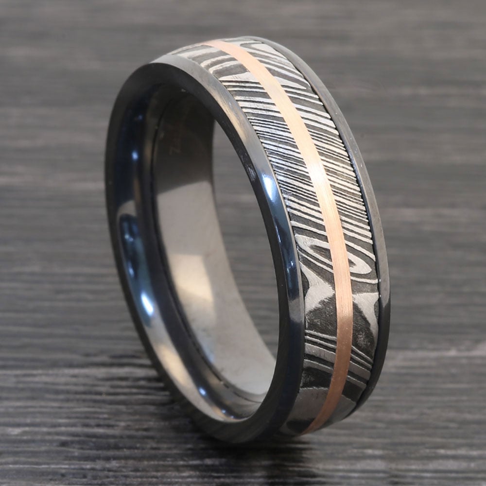 Damascus Steel And Rose Gold Wedding Band In Zirconium | 05