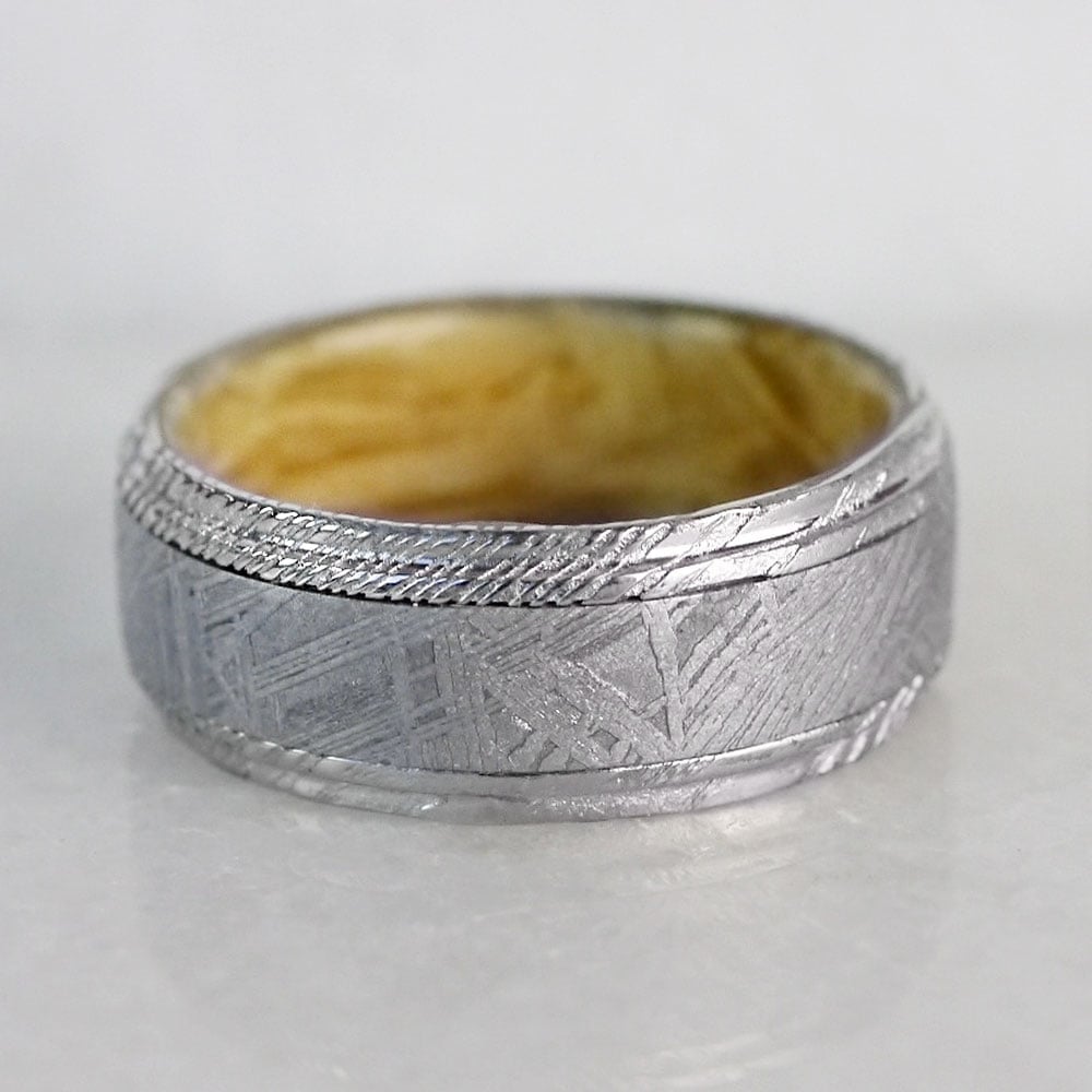 Triton - Damascus & Meteorite Mens Ring with Burl Wood Sleeve (9mm) | 04
