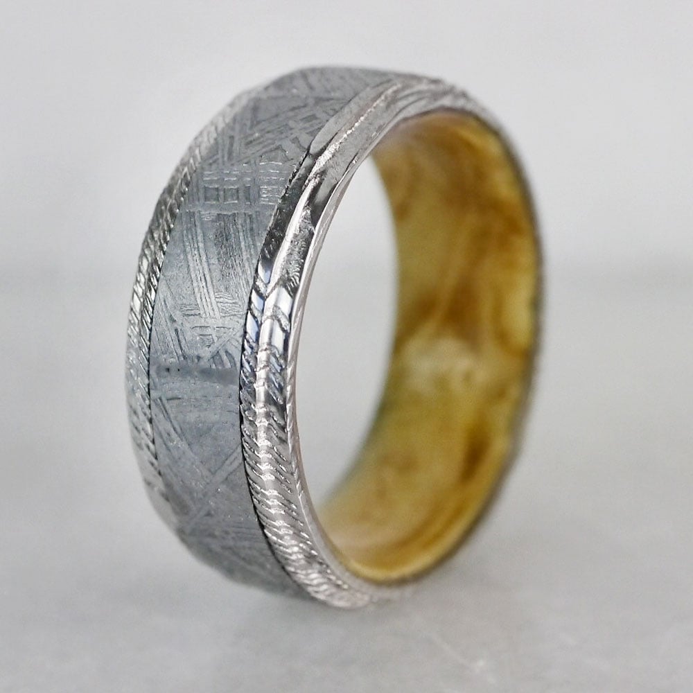 Triton - Damascus & Meteorite Mens Ring with Burl Wood Sleeve (9mm) | 05