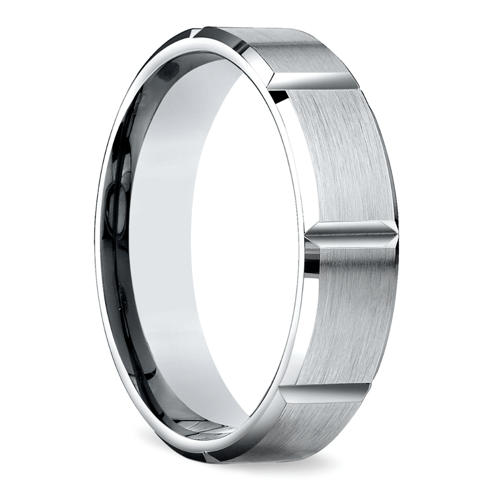 White Gold Mens Wedding Ring with Vertical Grooves | 02