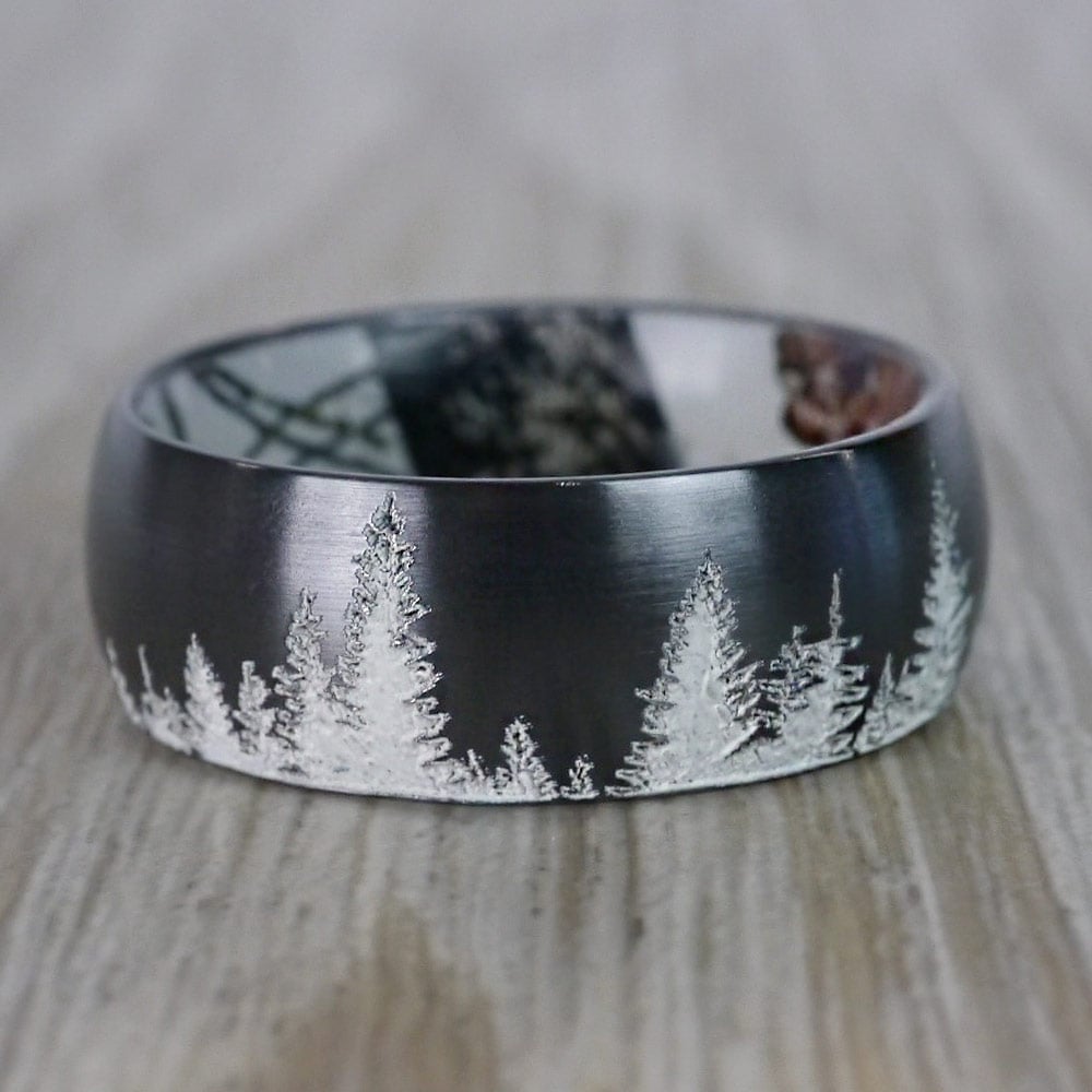Mens Wedding Band With Mountains And Tree Carvings - Wintery Night | 04