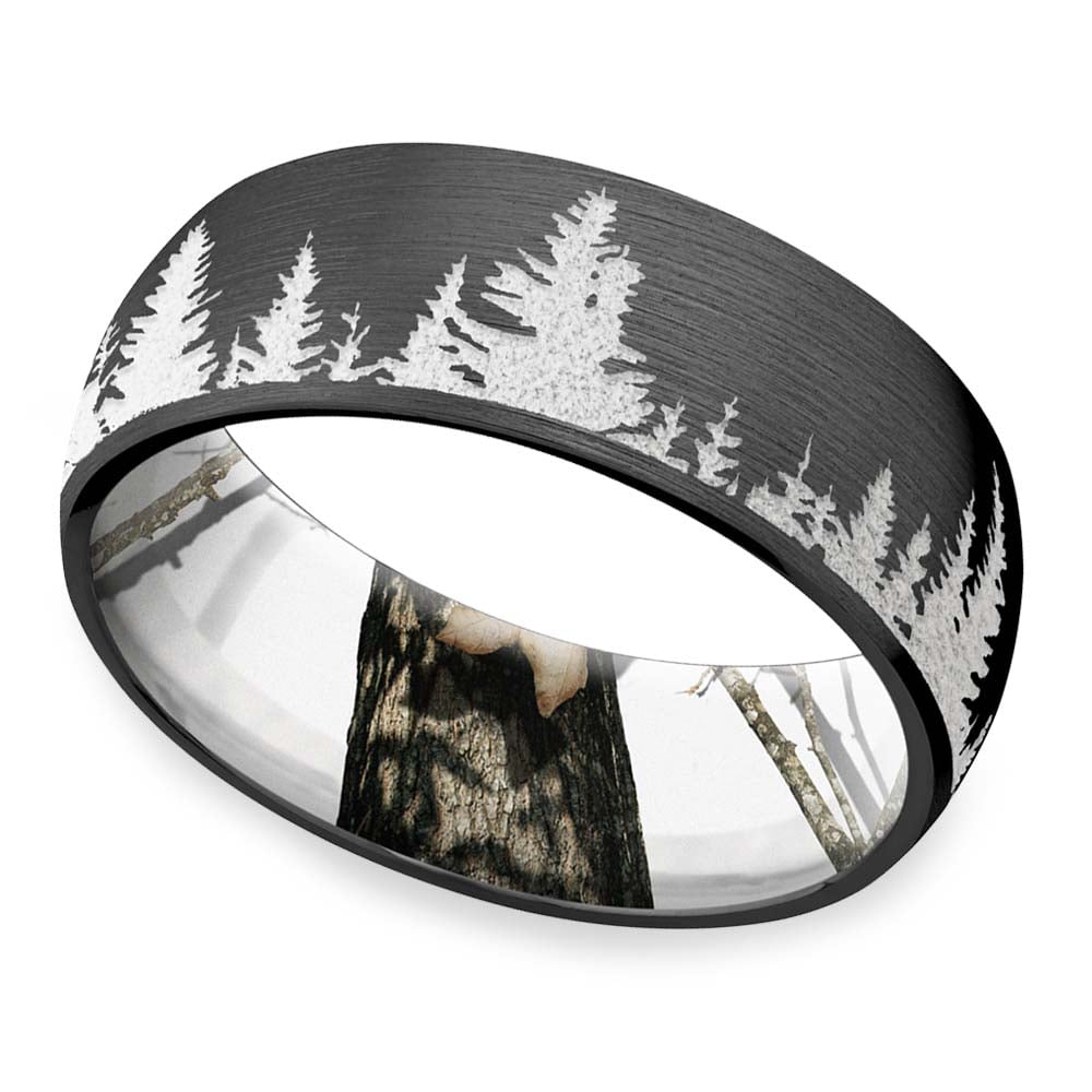 Mens Wedding Band With Mountains And Tree Carvings - Wintery Night | 01