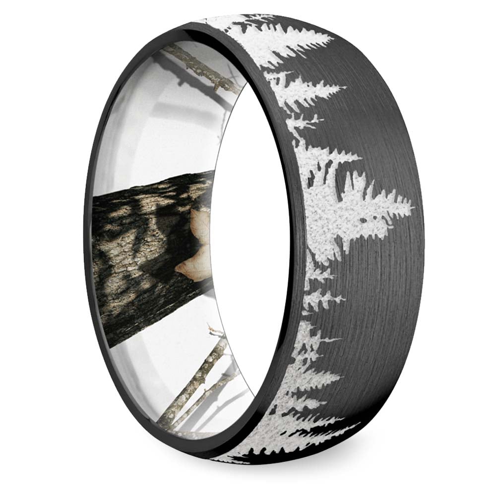 Mens Wedding Band With Mountains And Tree Carvings - Wintery Night | 02