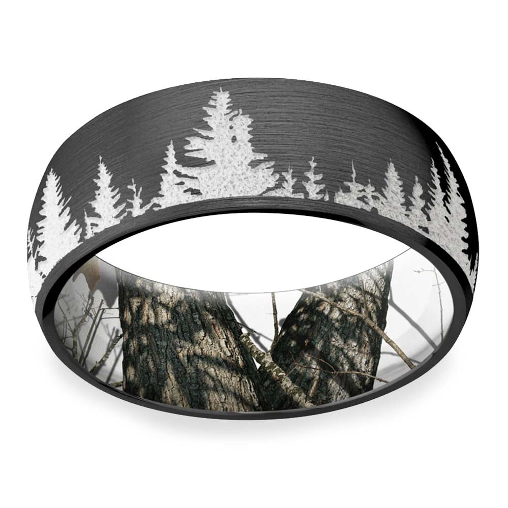 Mens Wedding Band With Mountains And Tree Carvings - Wintery Night | 03