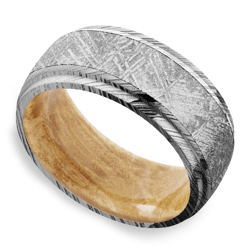 Triton - Damascus & Meteorite Mens Ring with Burl Wood Sleeve (9mm) | 01