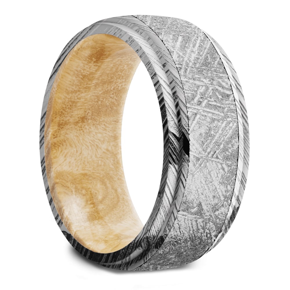 Triton - Damascus & Meteorite Mens Ring with Burl Wood Sleeve (9mm) | 02