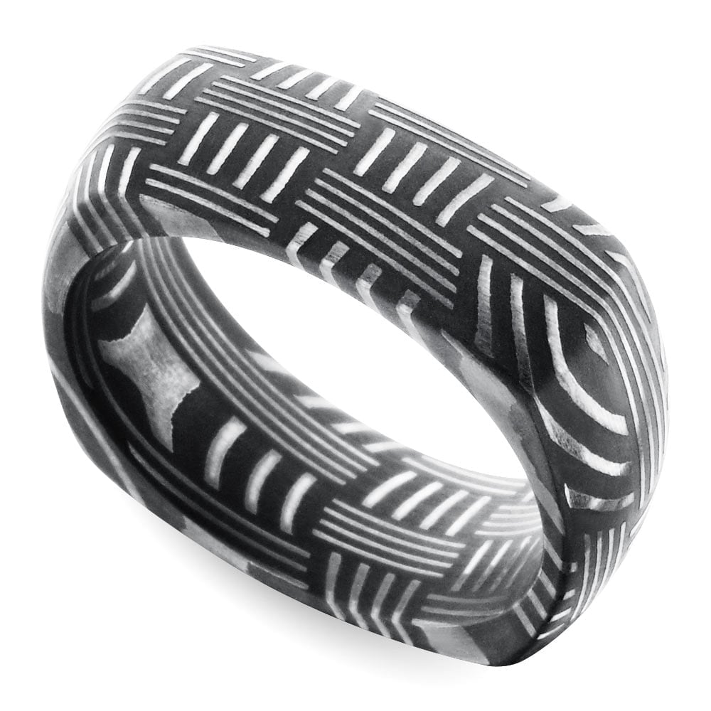 Square Damascus Steel Mens Wedding Ring With Woven Pattern | Thumbnail 01