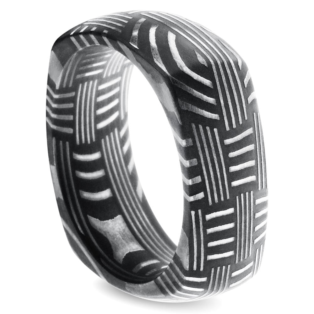 Square Damascus Steel Mens Wedding Ring With Woven Pattern | Thumbnail 02