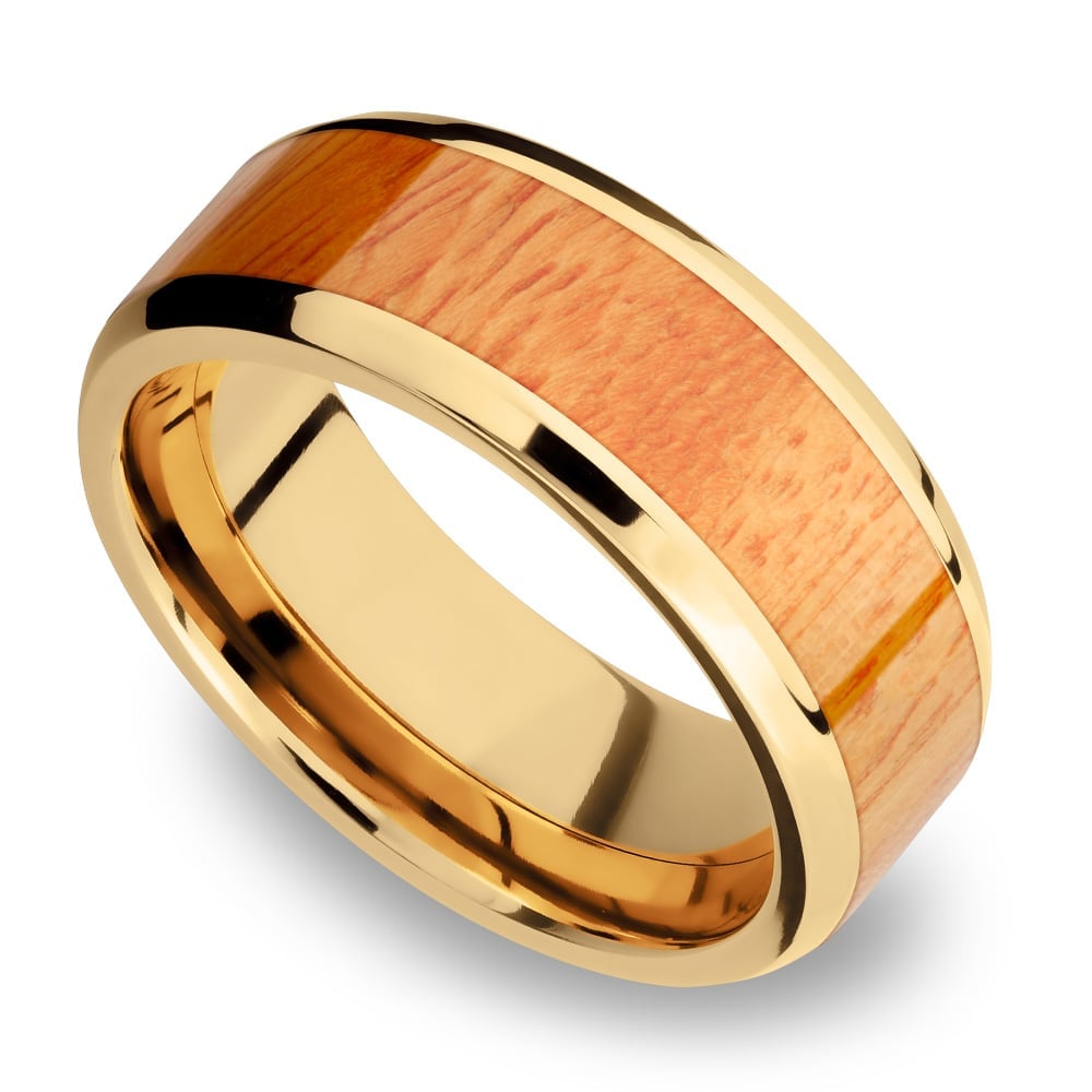Rich Autumn - 14K Yellow Gold Mens Band with Osage Orange Inlay (8mm) | 01