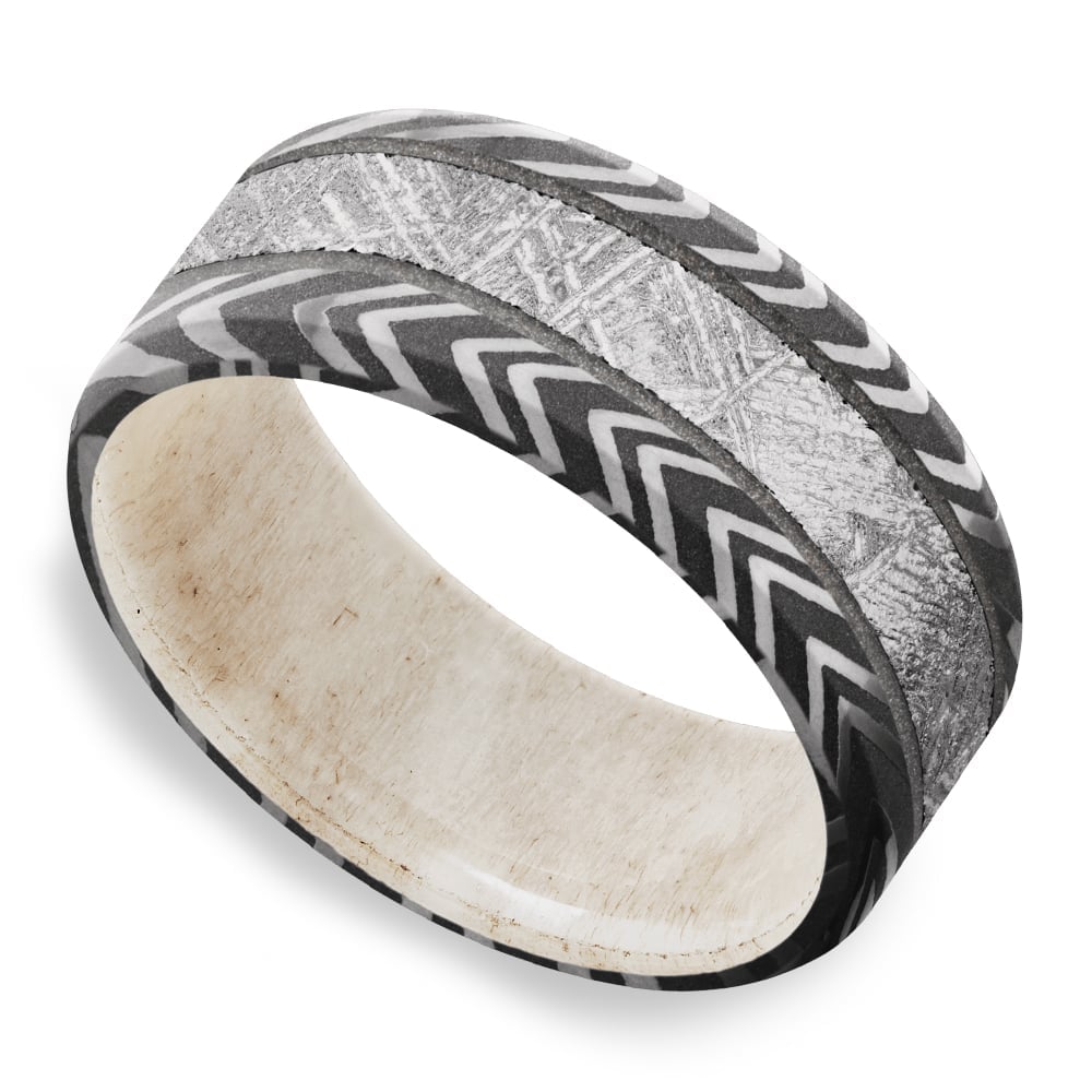 Zebra Damascus Steel And Antler Sleeve Ring - Capricorn (9mm) | 01