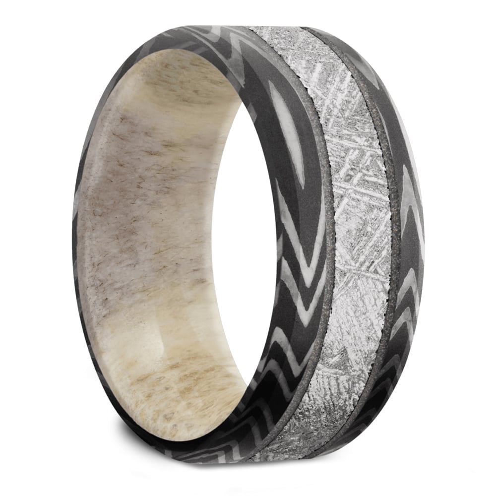 Zebra Damascus Steel And Antler Sleeve Ring - Capricorn (9mm) | 02