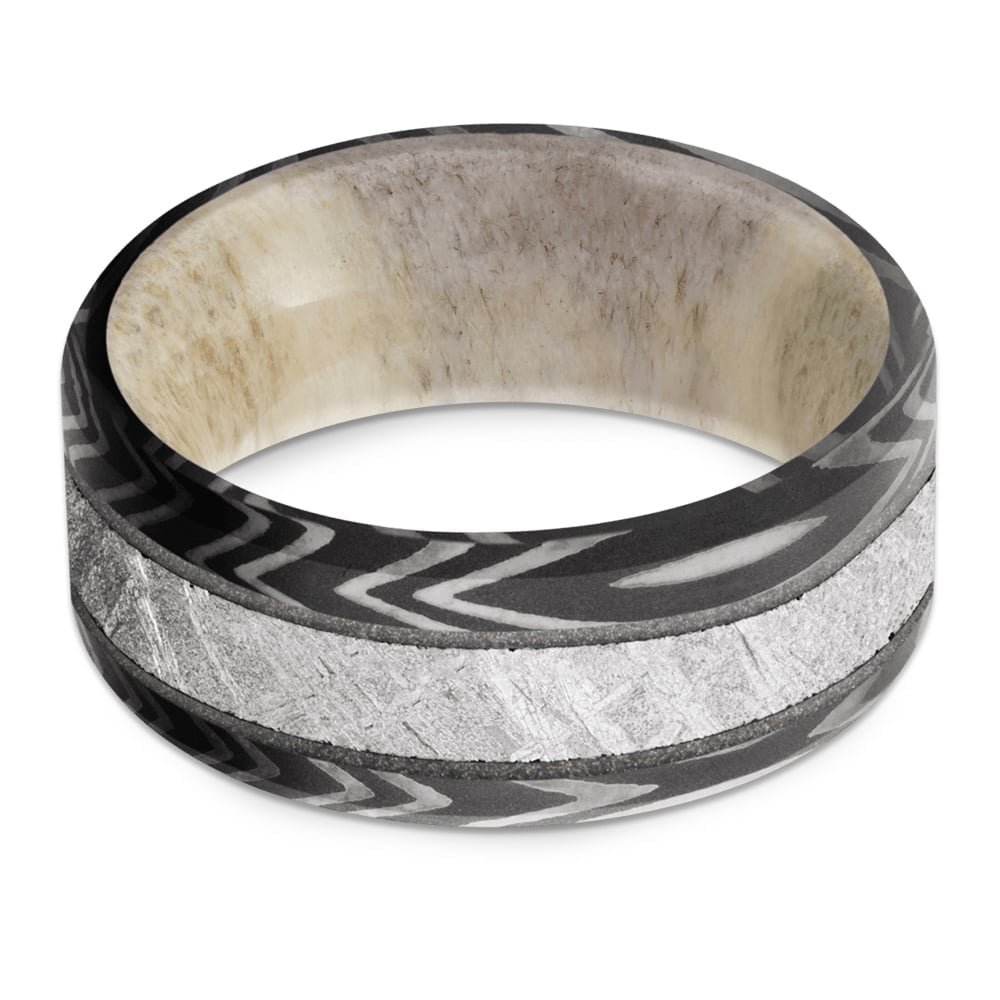 Zebra Damascus Steel And Antler Sleeve Ring - Capricorn (9mm) | 03