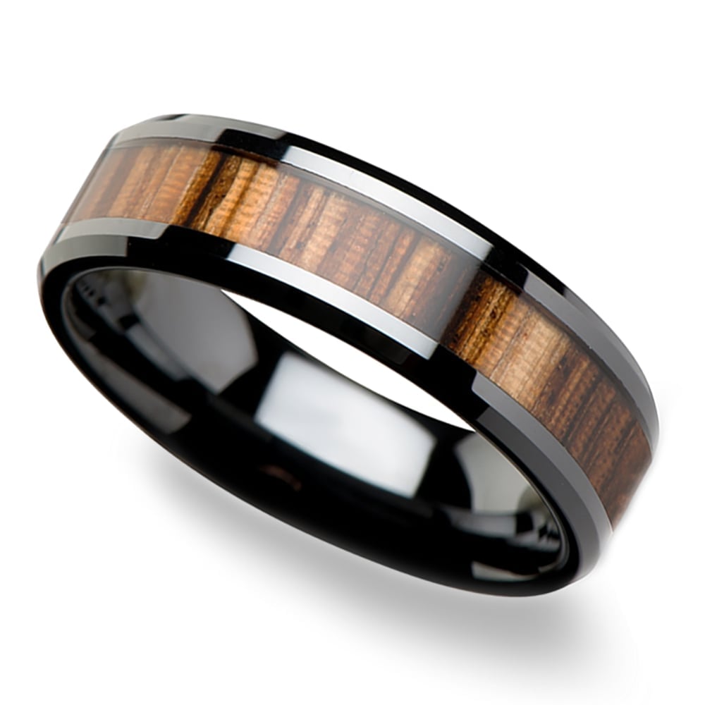 Mens Black Ceramic Zebrawood Wedding Ring -The Pinstriped | 01