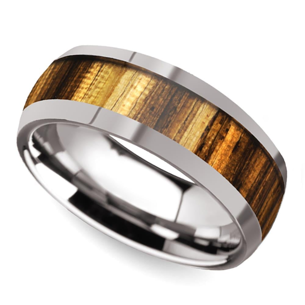 Earned Stripes - Tungsten Mens Band with Domed Zebra Wood Inlay (8mm) | 01