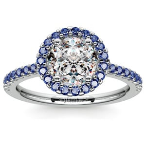 Diamond Engagement Ring With Sapphire Side Stones And Halo